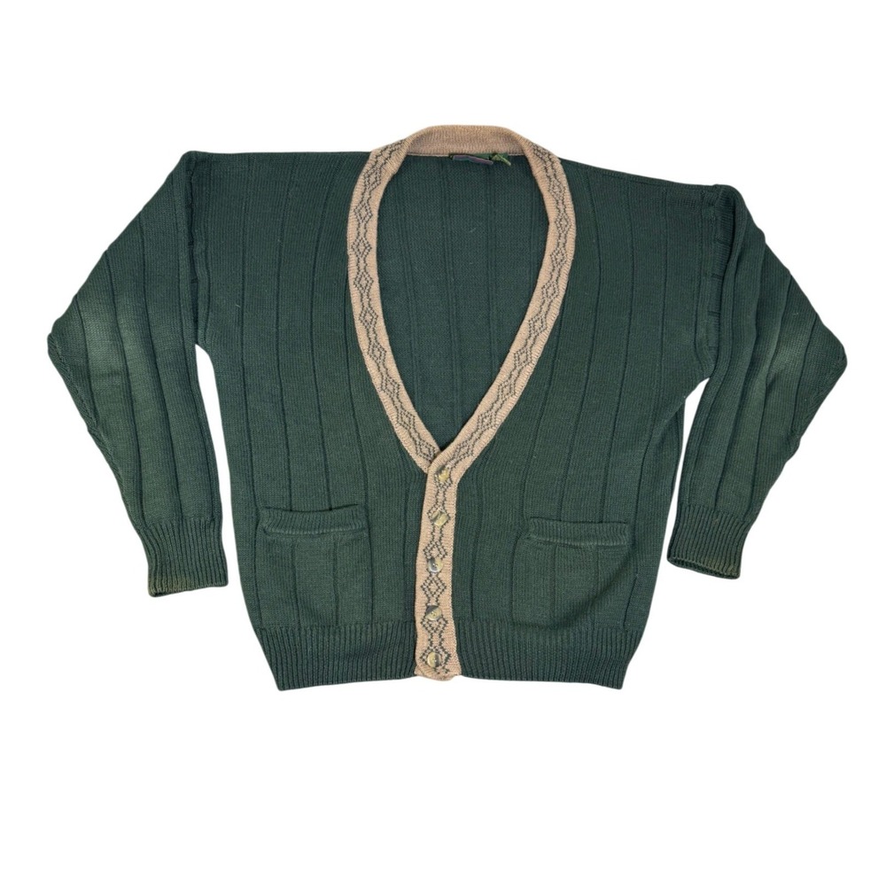 Hunting Horn Classics Mens Grandpa XL Green Ramie Cotton Ribbed Cardigan Sweater